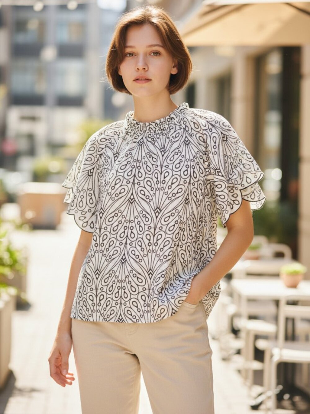 LOFT Short Sleeve Top Embroidered Pattern Olive/Taupe & White 100% Cotton